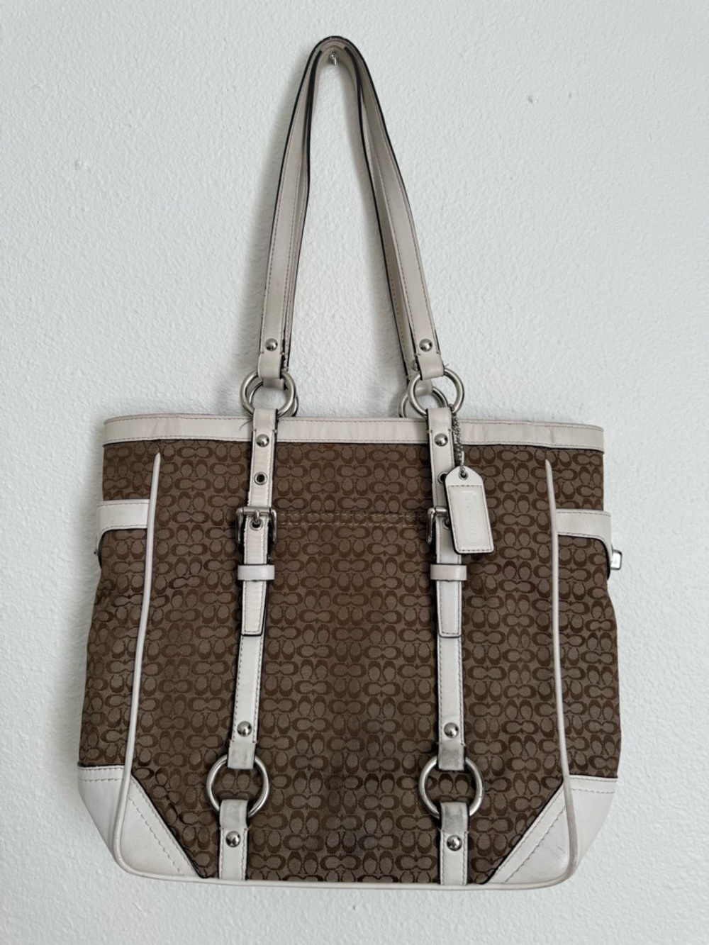 CoachVintage Brown Signature Canvas Tote with Cream Trim